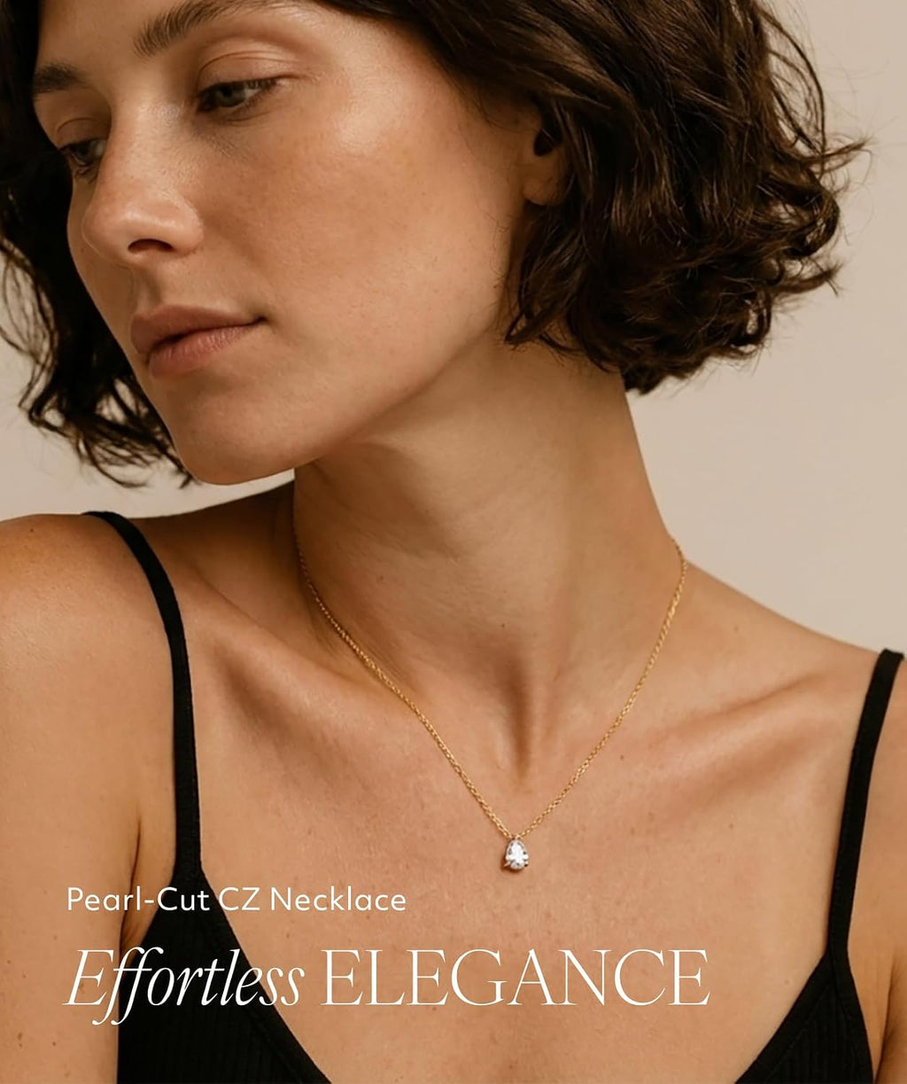 18K Gold Plated Necklace for Women, Cubic Zirconia Simulated Diamond Pendant, Waterproof Non-Tarnish Stainless Steel, Dainty Chain 18"