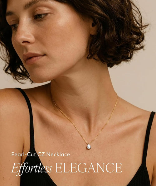 18K Gold Plated Necklace for Women, Cubic Zirconia Simulated Diamond Pendant, Waterproof Non-Tarnish Stainless Steel, Dainty Chain 18"