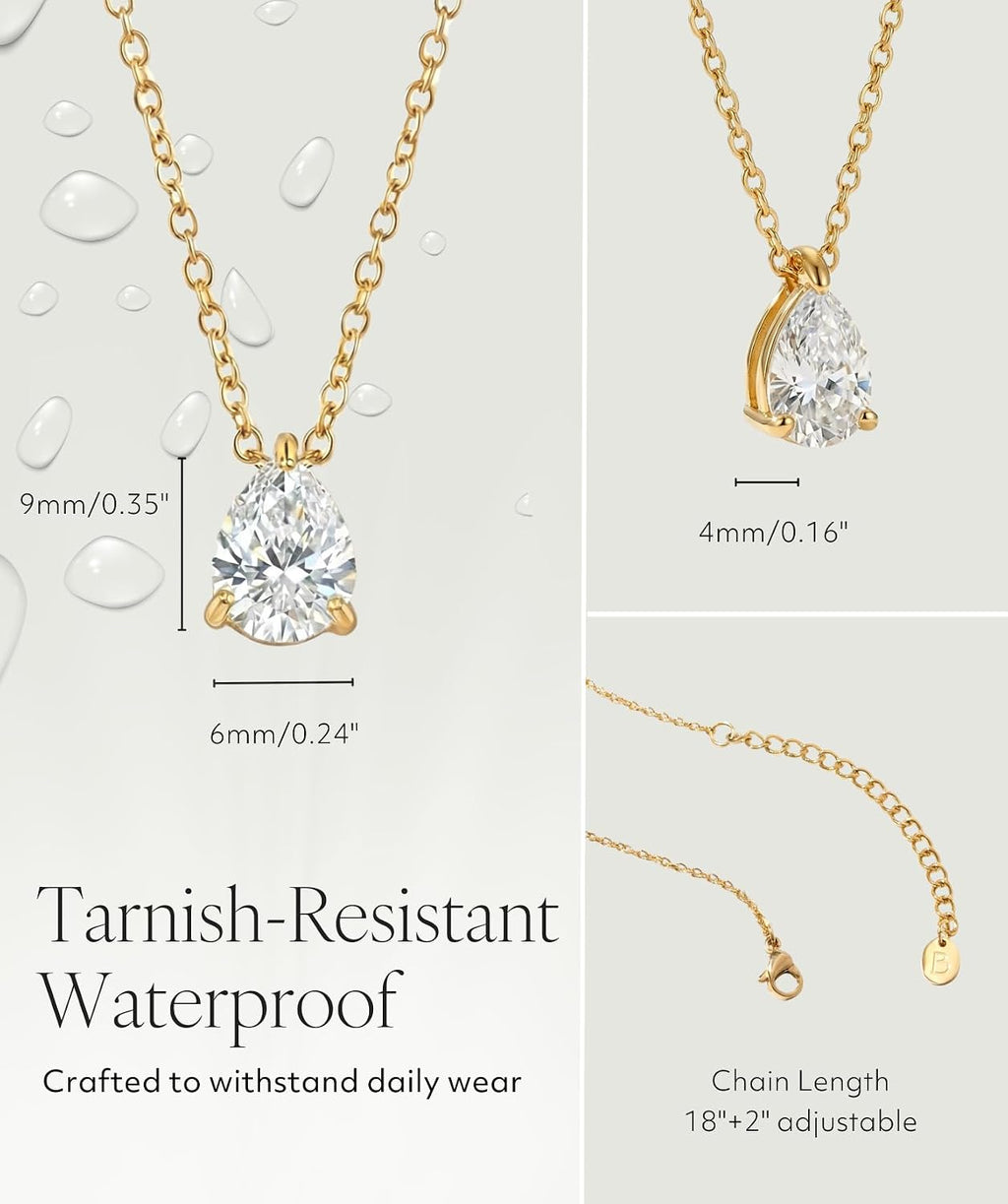 18K Gold Plated Necklace for Women, Cubic Zirconia Simulated Diamond Pendant, Waterproof Non-Tarnish Stainless Steel, Dainty Chain 18"