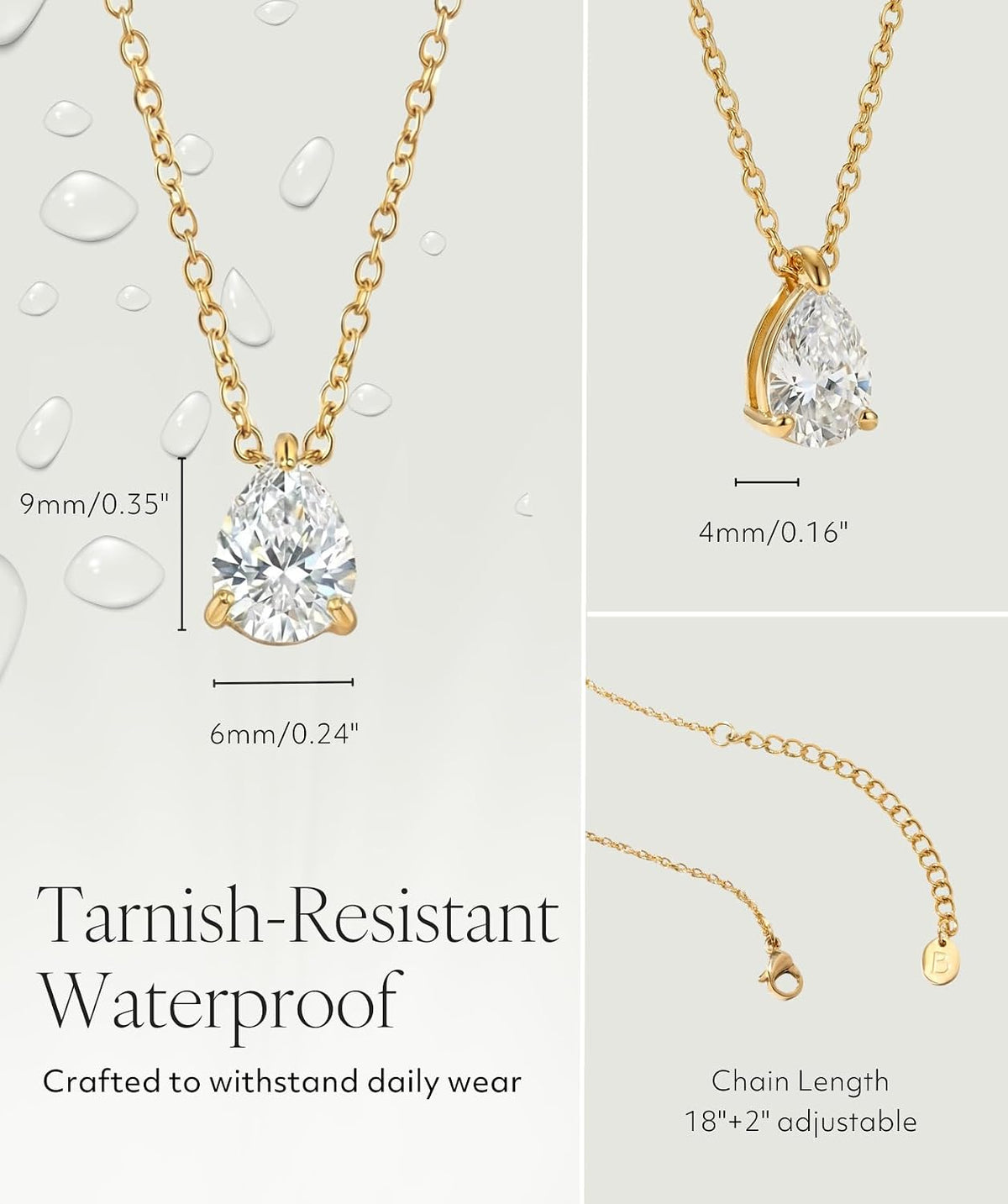 18K Gold Plated Necklace for Women, Cubic Zirconia Simulated Diamond Pendant, Waterproof Non-Tarnish Stainless Steel, Dainty Chain 18"