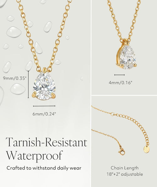 18K Gold Plated Necklace for Women, Cubic Zirconia Simulated Diamond Pendant, Waterproof Non-Tarnish Stainless Steel, Dainty Chain 18"