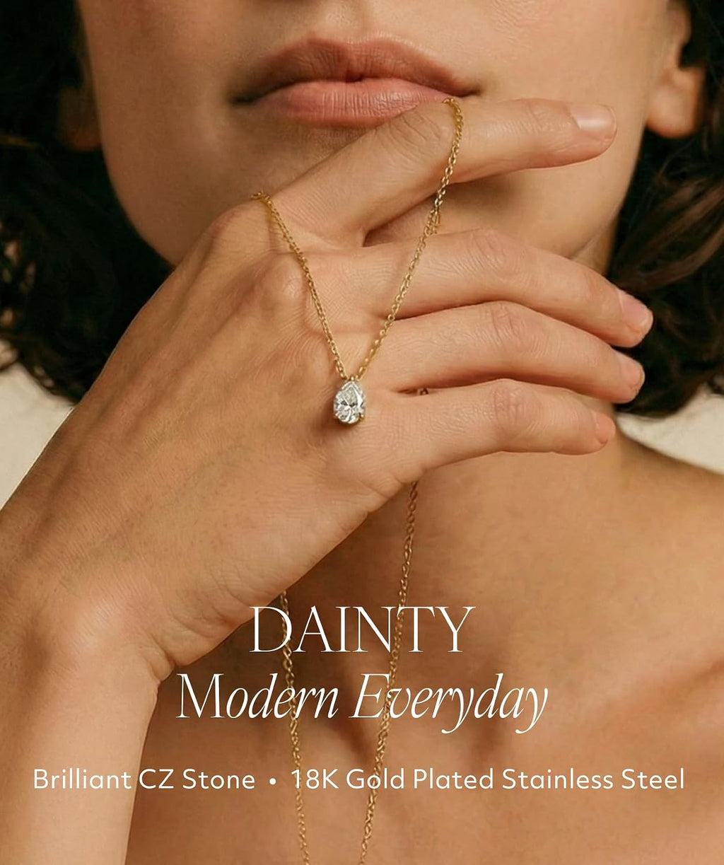 18K Gold Plated Necklace for Women, Cubic Zirconia Simulated Diamond Pendant, Waterproof Non-Tarnish Stainless Steel, Dainty Chain 18"